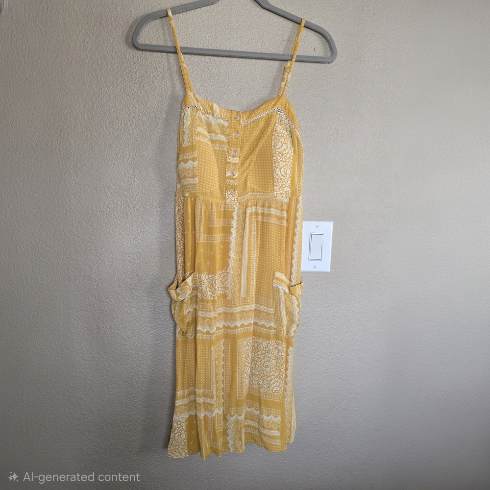 Knox Rose Yellow Boho Patchwork Sleeveless Sundress Size Small Builtin Bra